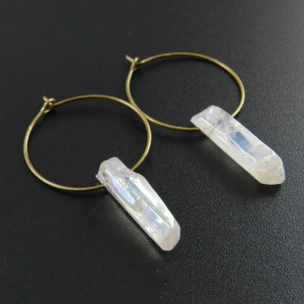 Raw Clear Quartz Crystal Gold Hoop Earrings - Picture 5 of 5